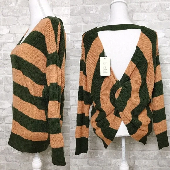 NWT Gorgeous Orange & Green Striped V-Neck Open Back Knit Sweater - Picture 3 of 8
